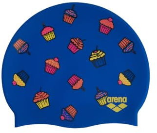 Arena Print 2 - Gorro de natación Unisex de Silicona para Adultos, Mujeres y Hombres, Entrenamiento intensivo, cómodo, Antideslizante, Pelo Largo, Gorro de natación, Cupcakes/Azul