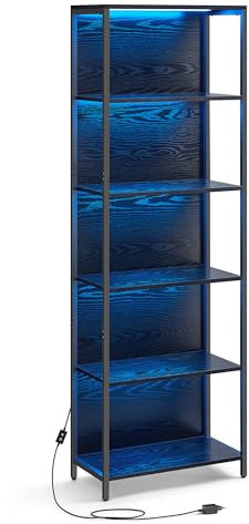 VASAGLE Bücherregal mit 6 Ebenen, Standregal mit Einstellbarer LED-Beleuchtung, Regal mit Stahlrahmen, 30,3 x 60 x 178,6 cm, für Wohnzimmer, Schlafzimmer, Arbeitszimmer, ebenholzschwarz LLS120B57