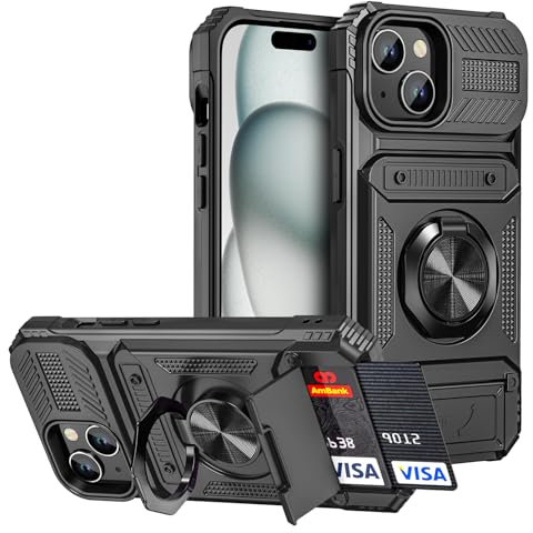 Vunake für iPhone 15 Hülle [Kartenfach][Stand] mit 360 Grad Ring Kickstand Stoßfest Heavy Duty Militärstandard FallSchutz Schutzhülle für Hülle iPhone 15 Cover Wallet Case Cover für iPhone 15-Schwarz