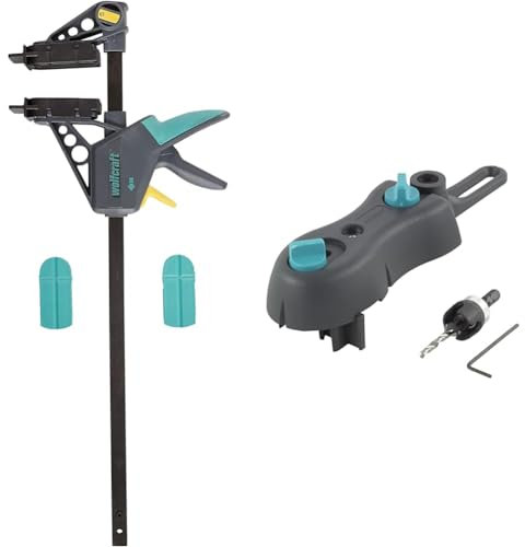 wolfcraft 6985000 - Serre-joint à Main pour Pose Terrasse, Noir & 6960000 - Kit de Perçage pour Terrasse Bois - Pour un Vissage des Lames de Terrasse - Pour Lames de 100 à 145 mm - 3 pièces