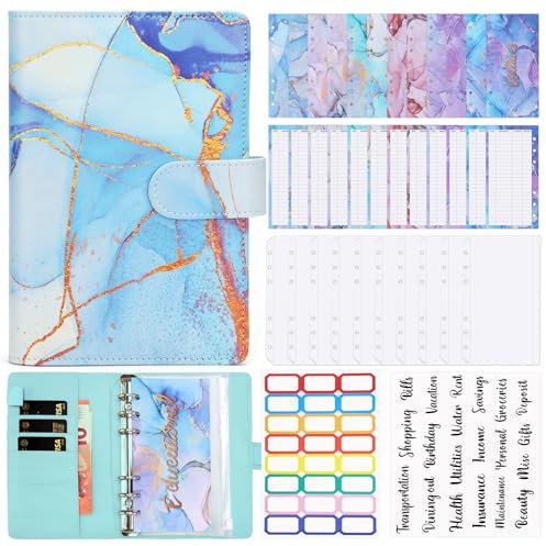 Anyfirst A6 Budget Planner Deutsch für Finanzplaner, Budget Budget mit 10 Binder Taschen & 12 Budgetblätter, Sparbuch für Geld, Blau