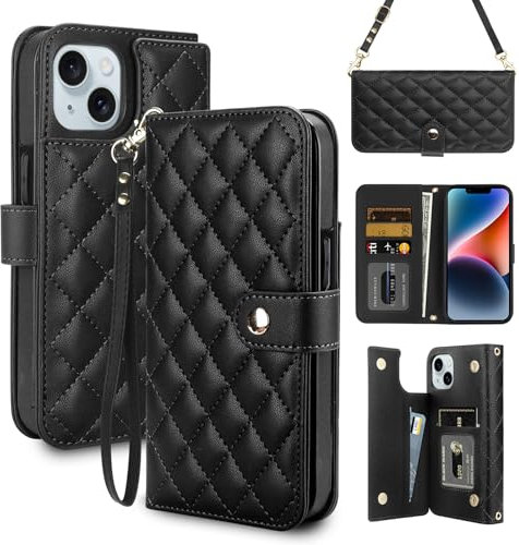 Coolden for iPhone 14 Case Wallet with Card Holder [4 Card Slots] Shoulder Strap for Women PU Leather Flip Magnetic Clasp Heavy Duty Protective Shockproof Cases Cover for iPhone 14 Phone Case-Black