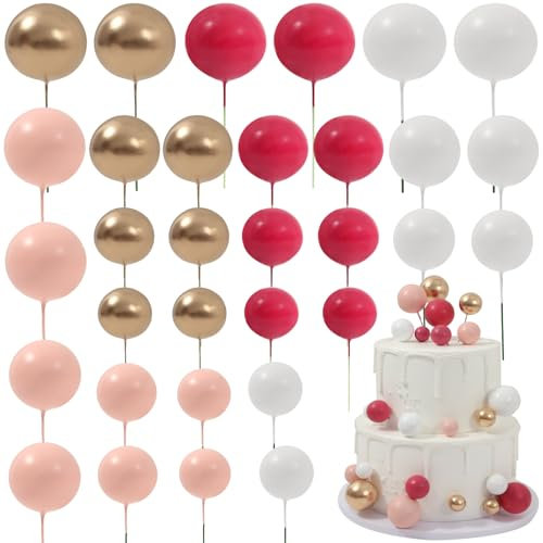 Sukmax Ball Cake Toppers,Round Cake Decorations Mini Balloons Cake Topper Sticks Foam Ball Cake Picks Decorations for Wedding Party Birthday Cake Decorating (Rose,Pink,White,Gold)