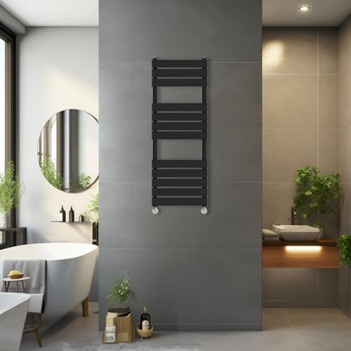 Blümme 1200 x 450mm Heated Towel Rail Radiator Flat Panel Black | Mild Steel, Central Heating, Modern, Bathroom Warmer, Wall Mounted Ladder Rad, Towel Warmer and Dryer
