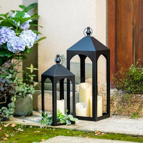 Staymoment Farolillos para exteriores Grande: Juego de 2 portavelas para exteriores como balcón, puerta de casa, salón, decoración moderna – H 43/59 cm, soporte para velas para decoración de jardín