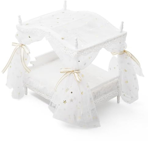 Odoria Puppenhaus Prinzessin Bett Miniatur: 1/12 Maßstab Puppenbett Weiß Luxuriös für 15cm Puppe Schlafzimmer - Mini Himmelbett Möbel Holz mit Betthimmel