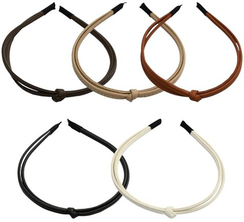 Aomhrek Lot de 5 Serre-têtes en Cuir pour Femme, Accessoires de Cheveux Stylés pour Femme et Fille en Noir, Blanc, Caramel, Café et Marron Foncé, Accessoires de Cheveux en Cuir Stylés