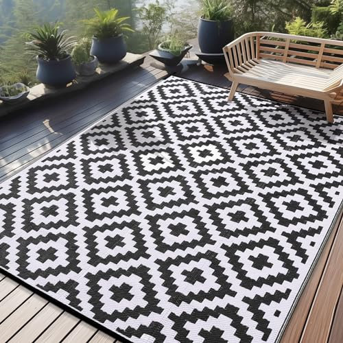 Homaxy Outdoor Teppich Wetterfest, Kunststoff Stroh UV-beständig Wendbar Faltbar Waschbar Balkon Garten Teppich für Terrasse Camping Picknick (270 x 360 cm, Schwarz & Weiß)