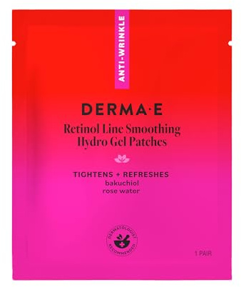 DERMA E Retinol + Bakuchiol Under Eye Patches (5 Pairs) Non-Irritating, Line Smoothing Hydro Gel Eye Patches with Rose Water & Real Hibiscus Petals, Helps Reduce Fine Lines, Crows Feet & Wrinkles,10Ct