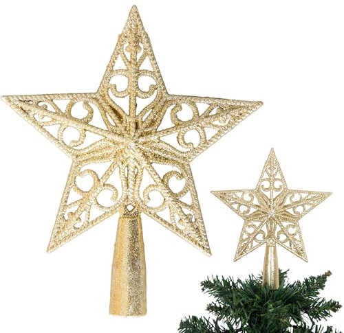 Estrella Dorada con Purpurina de 14,5 cm para árbol de Navidad, inastillable, para decoración de árbol de Navidad, Corona de árbol de Navidad, Adorno de día Festivo