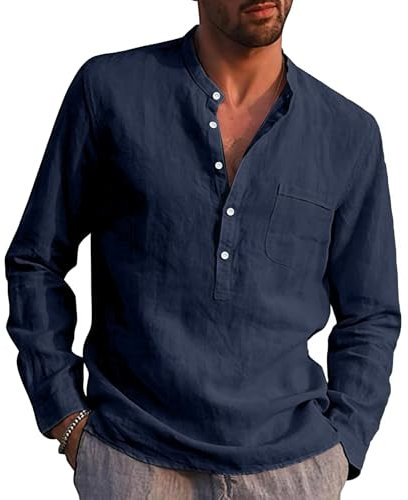 Rodawu Mens Linen Shirts Long Sleeve Casual Cotton Summer Beach Henley Shirt Tops Navy Blue L