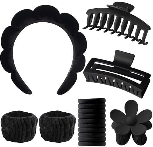 16 PCS Spa Stirnband Make Up Schwamm Set Damen, Bubble Skincare Headband Handgelenk Waschband, 3 Haarklammers, 10 Haargummis, Abschmink Haarband Kosmetik Stirnband, Yoga Dusche Haircare Set