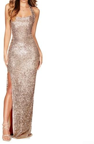 Femmes Mode Fente Robe Dos Nu Désign Soirée Élégante (S)