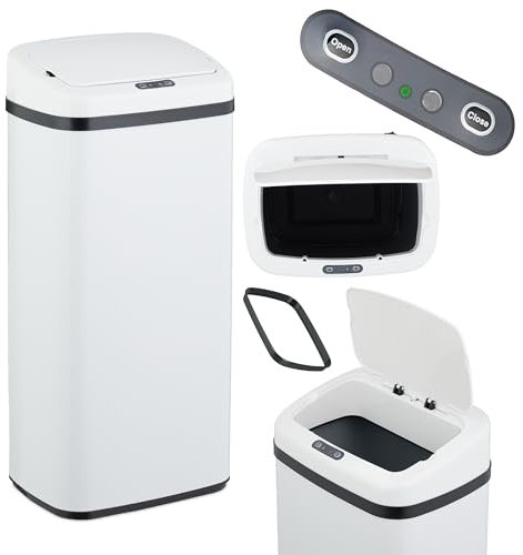 Relaxdays Poubelle Automatique, 40 litres, Couvercle électrique, avec Support pour Sac, Seau Cuisine, en Acier, Blanche
