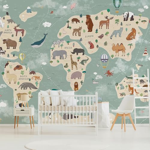 HueBurst Whimsical Cartoon Animals Map Wall Mural 133 W x 98 H Peel and Stick Green World Map Wallpaper for Kids Room Modern Educational Wall Mural Art for Nursery Classroom Kindergarten