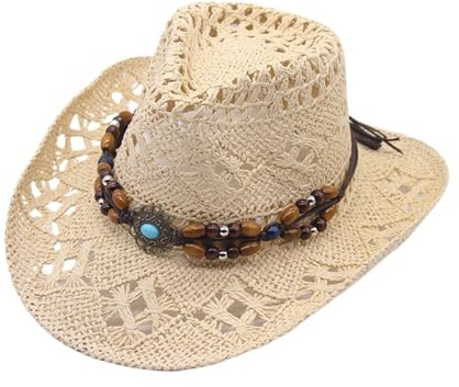 Beige Cowboy Hat, Cowgirl Hat Women/Mens, Wide Brim Straw Cowboy Hats, Breathable Hollow Out Western Sunhat for Women, Summer Beach Accessory for Travel Holiday, Summer Hats for Women