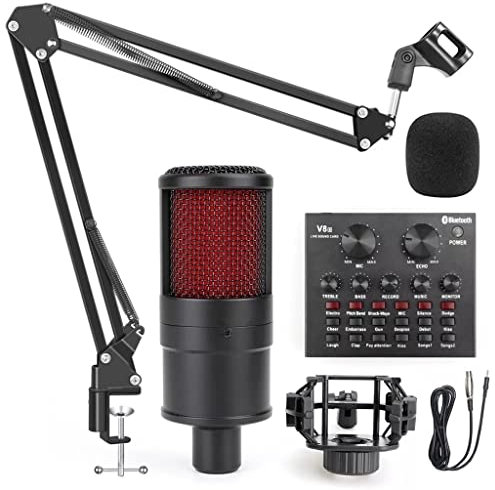 KHYTEBV Micrófono de Condensador de Metal Profesional con Tarjeta de Sonido y alimentación Fantasma para Estudio de Juegos y grabación por computadora.