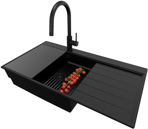 PRIMAGRAN Granitspüle ab 60er Unterschrank + Küchenarmatur, 90x50cm | Set: Küchenarmatur BW9010 + Ablauf-Set (Siphon, Ablaufgarnitur, Überlauf) + Spülbecken 1 Becken - Sydney Ergo, Alles Schwarz