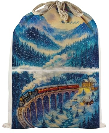 Christmas Train Extra Large Santa Sack - Watercolour Reusable Fabric Stocking Gift Bag for Xmas Presents with Drawstring Ties
