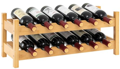 GOPLUS Range Bouteille à 2 Niveaux pour 12 Bouteilles, 24 x 60 x 25 CM, Casier à Bouteilles en Bambou, Petite Étagère Inclinée Modulaire Autoportante pour Comptoir, Armoire, Cuisine, Bar (Naturel)