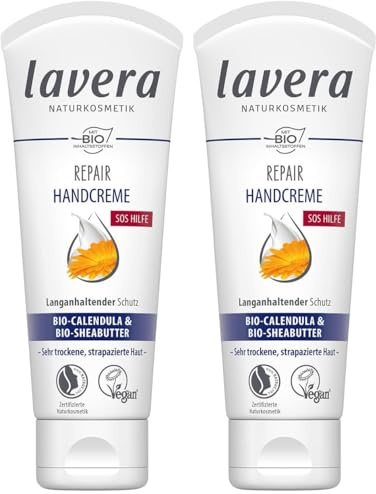 lavera Repair Handcreme – Bio Calendula und Sheabutter – SOS für beanspruchte Hände, langanhaltender Schutz – Vegan, Bio (1 x 75ml) (Packung mit 2)