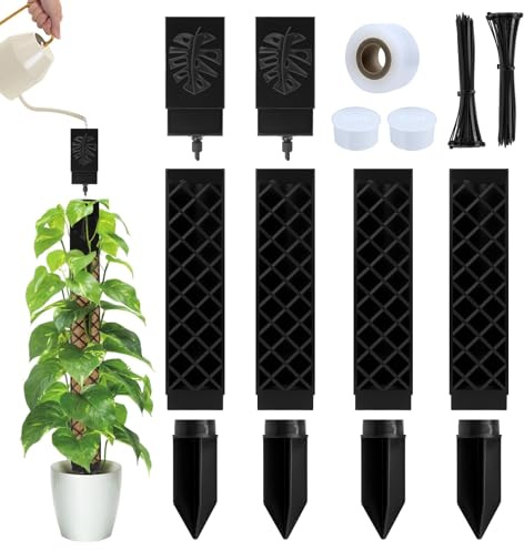 Pali di Muschio per Piante Rampicanti,Set da 4 x 24.5+15+11.5cm/113 cm,Paletto Monstera,Autoirrigante in Plastica con Supporto per Irrigazione e Fascette