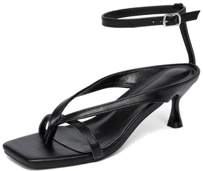 MGGMOKAY Sandalias tanga para mujer tacón kitten punta cuadrada con correa de tobillo, zapatos para ocio y fiestas,Negro,38