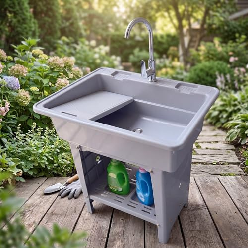 Lavatoio da Esterno in Plastica, 80X58X80CM Mobile Lavandino da Lavanderia | Portatile Lavello Biancheria Indipendente, Lavabo Lavapanni con Asse Rimovibile, per Interno, Garage, Giardino, Cantina