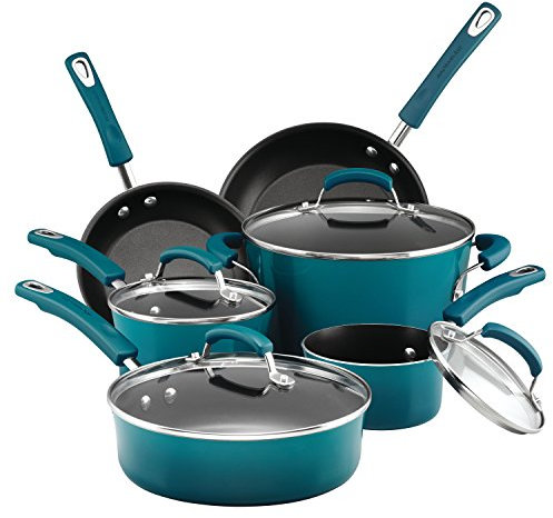 Rachael Ray 17683 Brights Nonstick Cookware Pots and Pans Set, Aluminum, Marine Blue