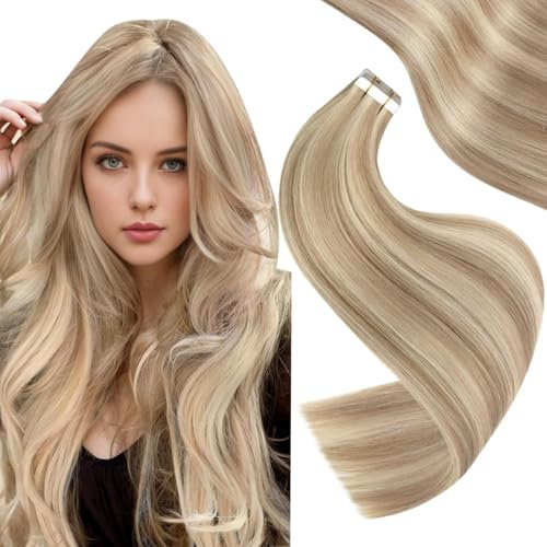 Easyouth Invisible Tape Extensions Echthaar Balayage Tape in Extensions Echthaar Blond Aschblondes Highlight mit Hellblond Echthaar Tape Extensions 40 cm 40g 20Stück 18/613