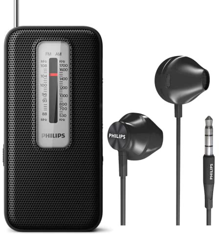Philips AM FM batteriebetriebenes tragbares Taschenradio, AM FM Compact Transistor Radios Player mit Bonus Philips In-Ear-Kopfhörern (schwarz)