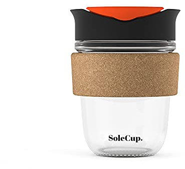 SoleCup. - Reusable Strengthened Glass Travel Cup - Spill Proof Insulated Coffee Mug - 12oz/340ml BPA-Free Hot Drink Travel Mug with Lid & Cork Band (Black)