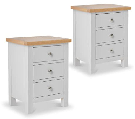 Farrow Grey Bedside Tables Set of 2 Cabinet Units with Oak Tops | Roseland Furniture Pair of Solid Wood Painted Side End Night Stands with 3 Drawer Storagefor Bedroom or Bathroom | Fully Assembled