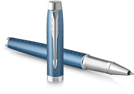 Parker IM Rollerball Tintenroller | Blaugraue Premium-Lackierung mit Chromverzierung | Feine Schreibspitze mit schwarzer Nachfüllmine | Geschenkbox
