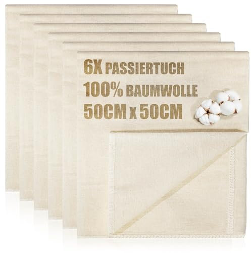 com-four® 6x Bäckerleinen, Seihtuch, Passiertuch, Knödeltuch 50 x 50 cm aus 100% Baumwolle - Gewebte Tücher für Teigzubereitung - Reißfest bei hoher Feuchtigkeit - Seiher, Leinentuch zum Brotbacken