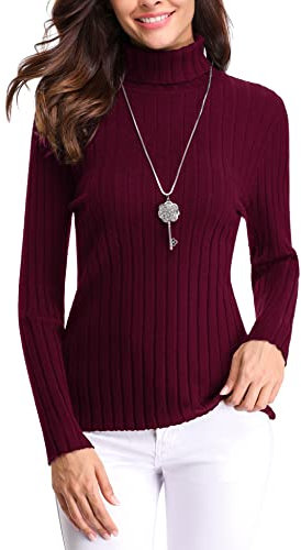 Gyaban Cable Knitted Jumper for Women UK Long Sleeve Tops Elegant Thick Sweater Sweatshirt Winter Turtleneck High Neck Clothes WineRed