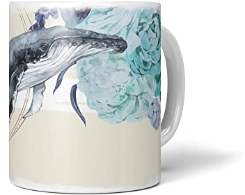 Paul Sinus Dekorative Tasse mit schönem Motiv Buckelwal Wal Blumen Blüten Vintage Blau Pastelltöne