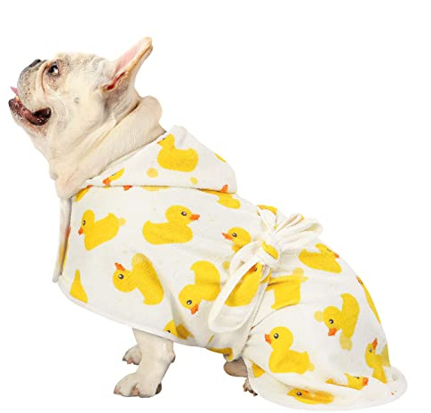 HDE Dog Bathrobe Super Absorbent Quick Drying Puppy Towel Wrap Coat Adjustable After Bath Robes with Hood for Dog Sizes S-XXL White Rubber Ducks S