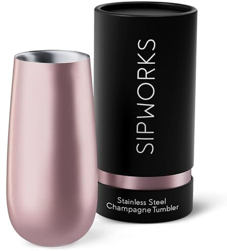Sipworks Champagne Tumbler - 8oz Stainless Steel Wine Tumbler with Double Walled Vacuum Insulation - Spill Resistant, Shatterproof Insulated Champagne Flutes for Travel & Parties (Rose Gold)