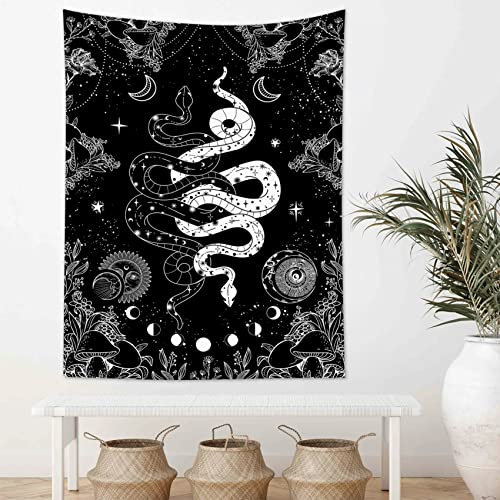 LB Wandteppich Schwarze und weiße Schlange Wandtuch Mondphase und Sonne und Mond Wandbehang Ästhetischer Pilz Tapisserie für Wohnzimmer Schlafzimmer Wohnheim Wanddeko,100x150cm