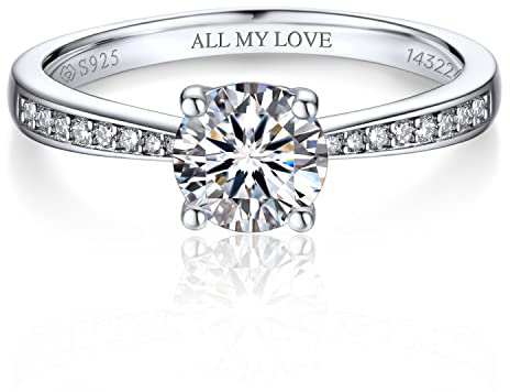 MomentWish Personalisiert Verlobungsring Damen, 1 Karat Moissanit Diamant Ring Damen, VVS1 D Farbe 925 Sterling Silber, Verlobung Hochzeit Geschenk Ring für Frauen-Größe61