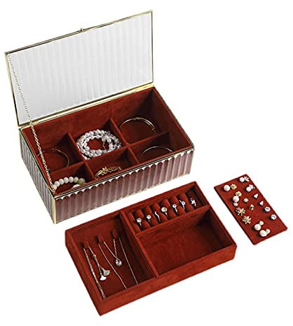 MUSUMI Schmuckschatulle Klarglas-Schmuckschatulle mit Abnehmbarer Samtschublade Rechteckschatulle Ringe Armband Goldener Organizer Wohnkultur Schmuckschatullen