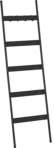 ELYKEN Blanket Ladder for Living Room, Farmhouse 5-Tier Quilt Holder with 4 Removable Hooks for Bathroom, Wood Towel Rack Display, Wall Anchor Leaning Decorative Stand for Home, Black