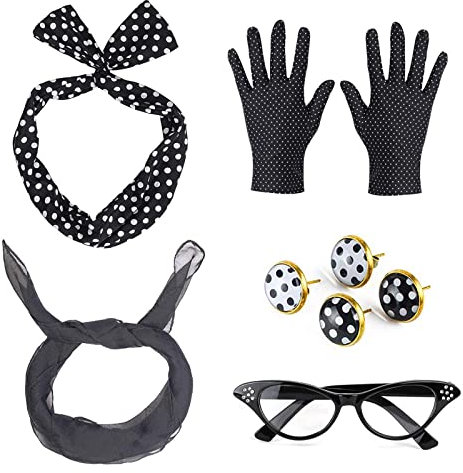 Vastsea 9 Stück Rockabilly Accessoires 50er, 50er Jahre Kostüm Zubehör Set, 1950s Kostüm Set, Cat Eye Brille Bandana Krawatte Stirnband Drop Dot Ohrringe, für Motoparty Retro Teily Party (Schwarz)