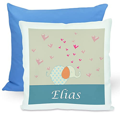 CreaDesign, Kinder Kissen 40x40 cm personalisiert mit Namen, Kinderzimmer Deko Kissen Kinder mit Füllung Federn, Motiv Elefant blau orange, Rückenfarbe Blau