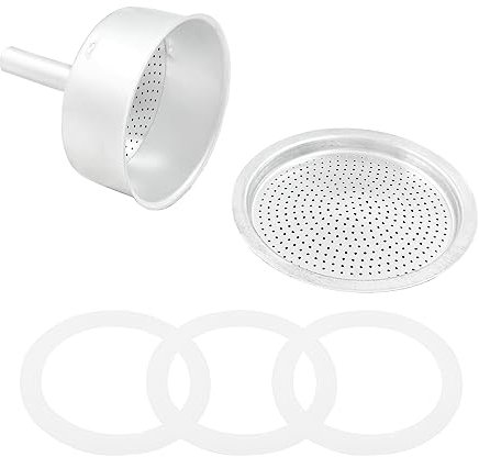 Waziaqoc Kit imbuto di ricambio Espresso Moka, 1 imbuto di ricambio, 1 filtro in alluminio con 3 guarnizioni di ricambio (filtro: 6,3 cm OD x 5 cm ID, guarnizione: 7,1 cm OD x 5,6 cm ID)