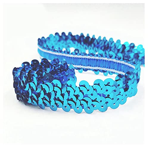 SHTGOI 10 Yards Pailletten Bänder Elastisch Glitzer Paillettenbesatz 2 cm Breite Paillettenband Trim 2-Reihiger Paillettenborte Stoffband für DIY Nähen Kleidung Handwerk Deko Blauer See