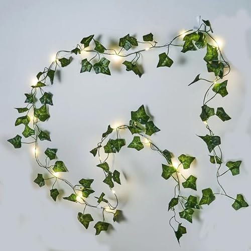 HanYun 2 Stück 6.56ft künstlicher efeu Blätter Girlande Künstlich Gefälschte Pflanzen mit 20 LEDs Lichterkette blätter für Home Garten Hochzeit Weihnachtsdekoration Gefälschte Grün Decor