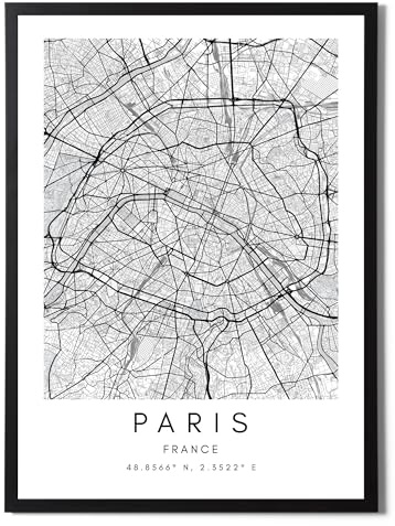 State Media Vision Paris-Weltstadtkarten-Poster, individuelles Set, minimalistischer Druck für Schlafzimmer oder Wohnzimmer, Schwarz-Weiß-Paris-Wandkunst (nur Paris, A4-Druck)