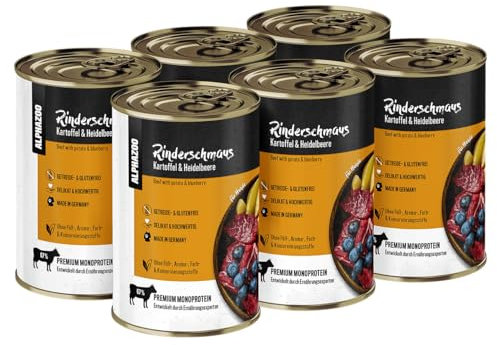 alphazoo Hundefutter nass Rind 6 x 400 g I Premium Nassfutter für Hunde I Getreidefrei & mit hohem Fleischanteil I Rinderschmaus Adult ohne Getreide und Zucker I Ausgewachsene Hunde & Welpen